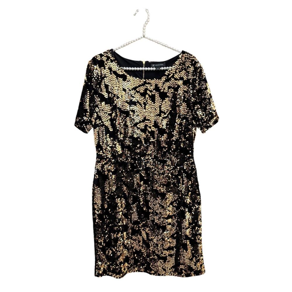 INC INT’L CONCEPTS Womens L Black Velvet Gold Sequin Short Sleeve Cocktail Dress